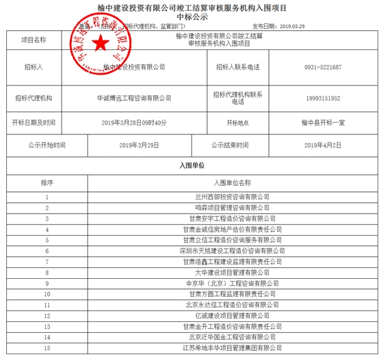 榆中建設(shè)投資有限公司竣工結(jié)算審核服務(wù)機(jī)構(gòu)入圍項(xiàng)目