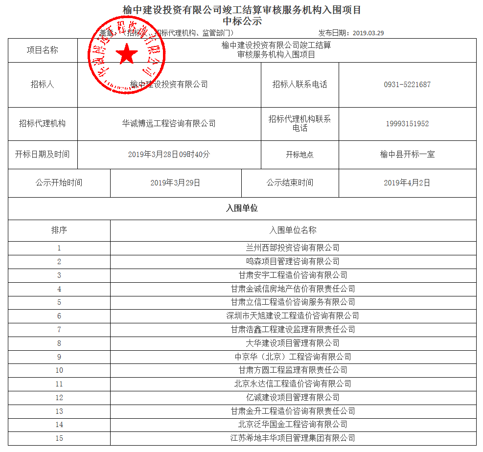 榆中建設(shè)投資有限公司竣工結(jié)算審核服務(wù)機構(gòu)入圍項目